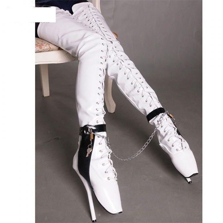 White Locking Thigh High Ballet Boots Dotty After Midnight