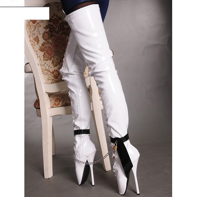White Locking Thigh High Ballet Boots 