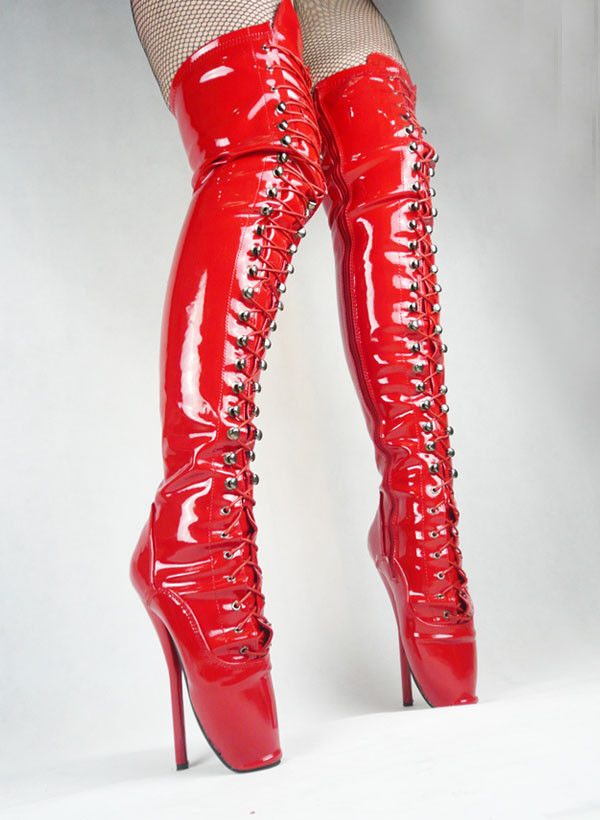 red pvc knee high boots