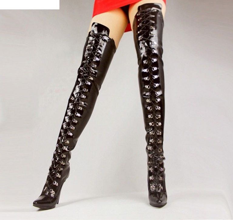 Black PVC And Leather Thigh High Boots | Dotty After Midnight