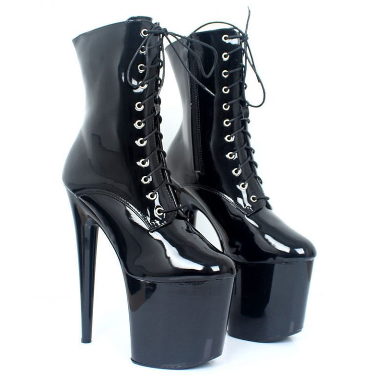 Black Pvc Ankle High Locking Boots Dotty After Midnight