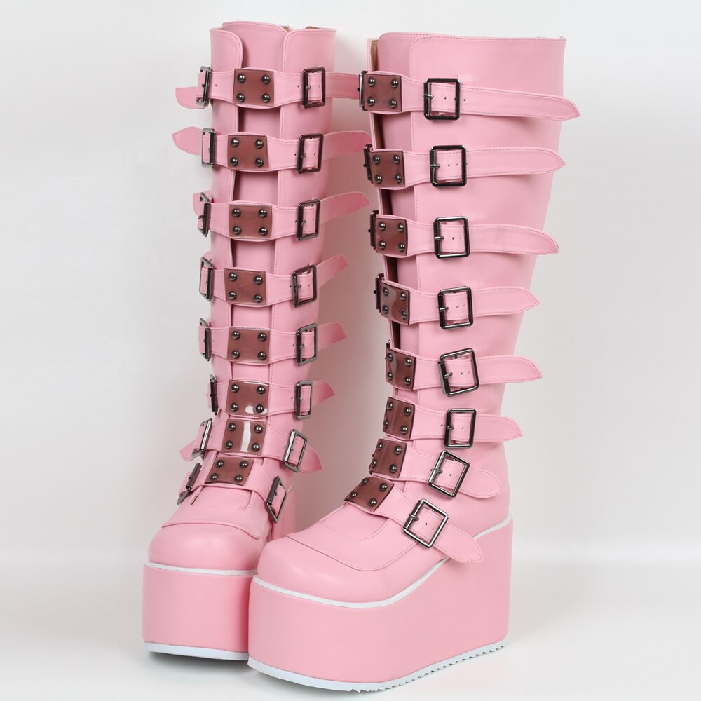 Pink knee hotsell high boots uk