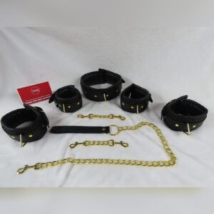 Faux Leather 5 Pieces Restraints Set Wrist Neck Ankle Cuffs Black