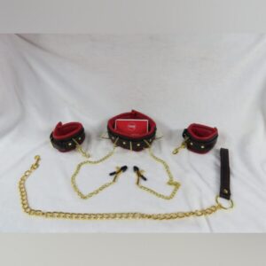 Faux Leather 3 Pieces Restraints Set Wrist Neck with Nipple Clamps