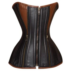 Custom Brown Leather Zip up Front overbust Corset with Zip Detailing