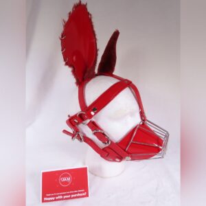 Red PVC Puppy Play Harness with Wire Muzzle cage